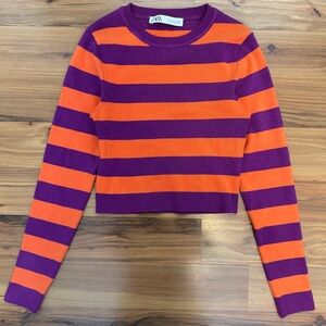 Zara Colorblock Striped Cropped Sweater Purple Orange Y2K Indie Rib Knit Top S